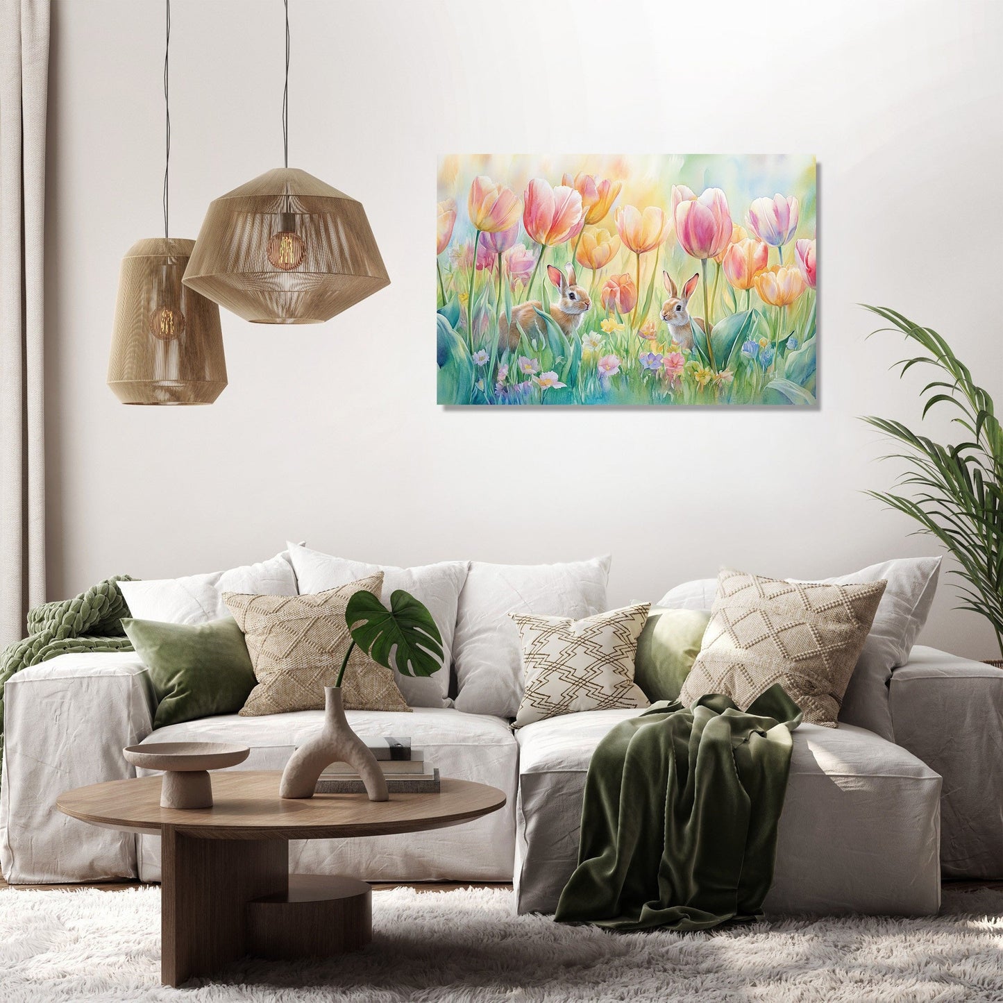 Tulip Meadow and Rabbits Canvas
