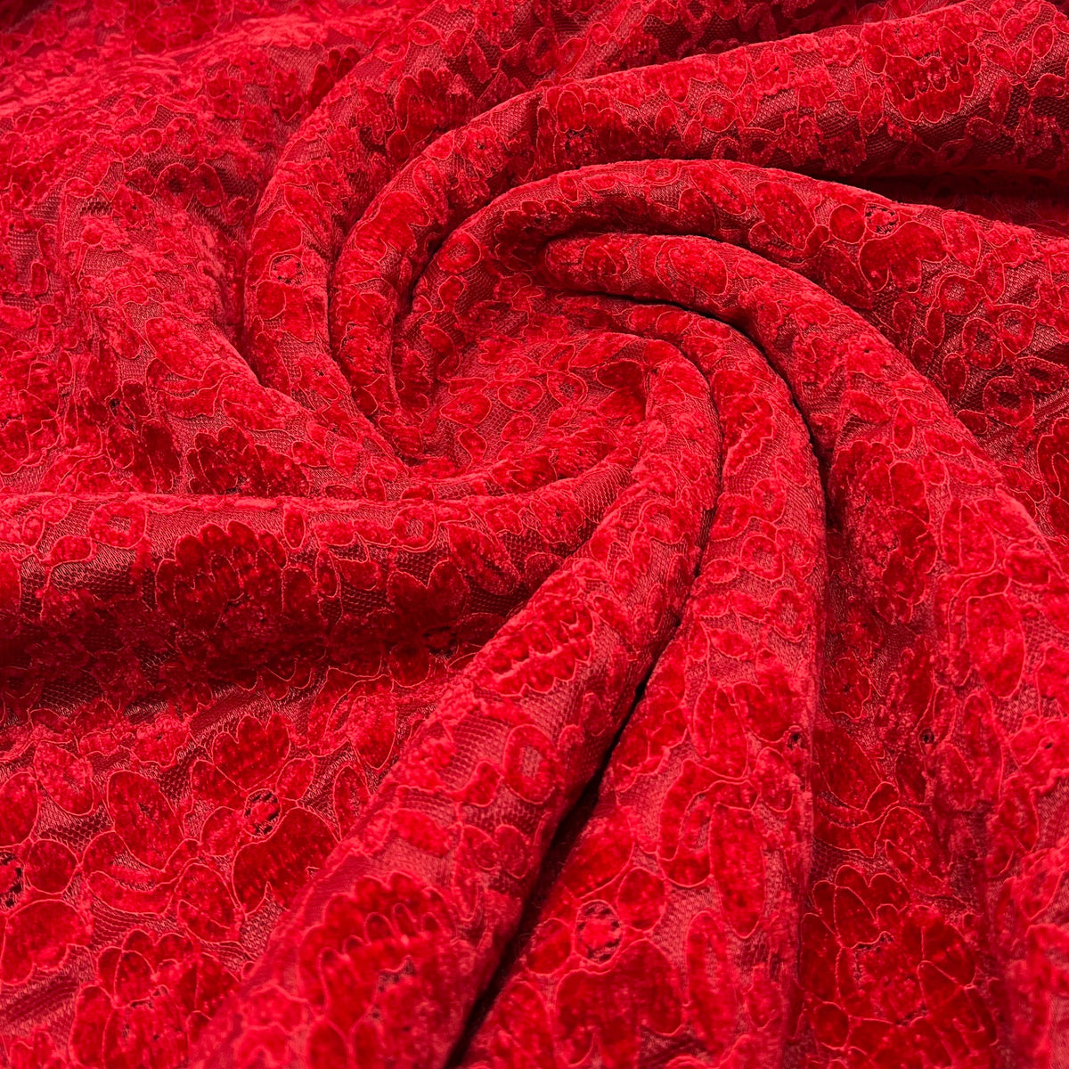 Red Embossed Textured Scalloped Edge Floral Lace Fabric Stretch