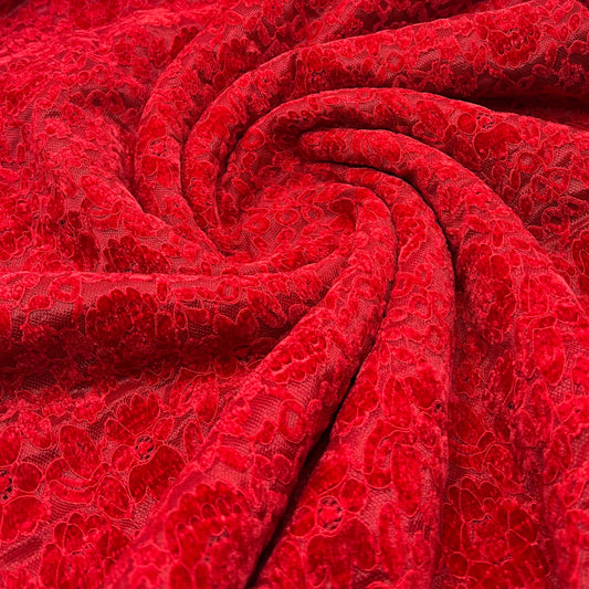 Red Embossed Textured Scalloped Edge Floral Lace Fabric Stretch