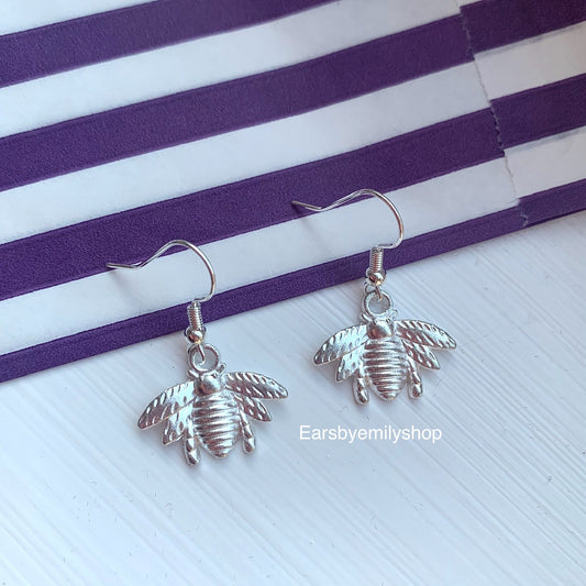 Silver bumble bee dangle earrings