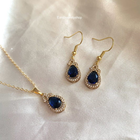 Dark blue/ navy glass crystal with silver rhinestones 14k gold plated earrings, necklace or jewellery set