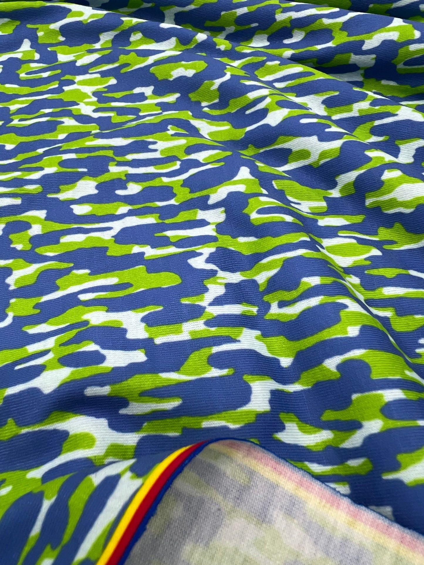 Blue Green Multi Mix Print Spun Poly Stretch Fabric