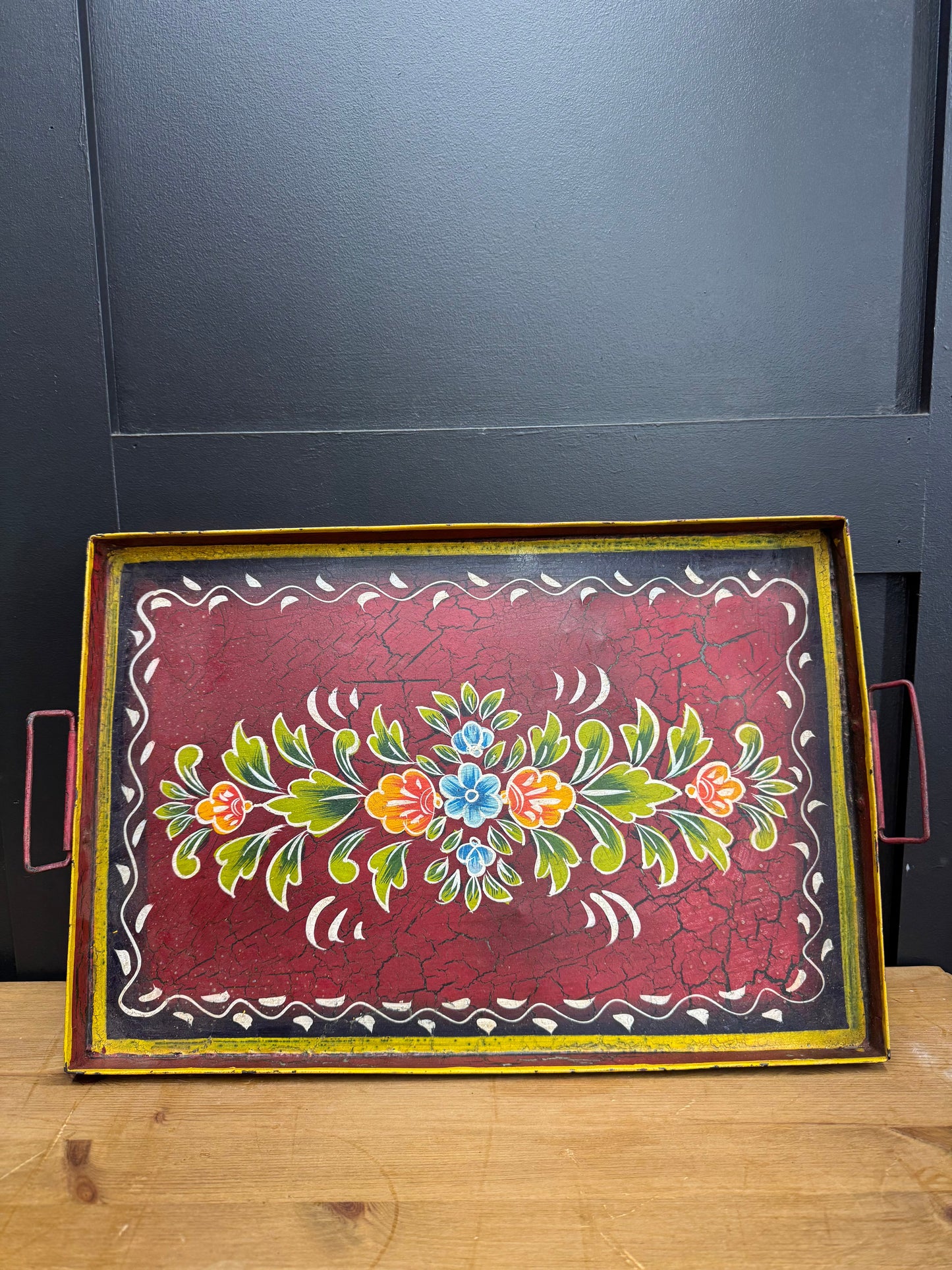 Red Metal Serving Tray / Painted Indian Charcuterie Cheese Antipasto Platter