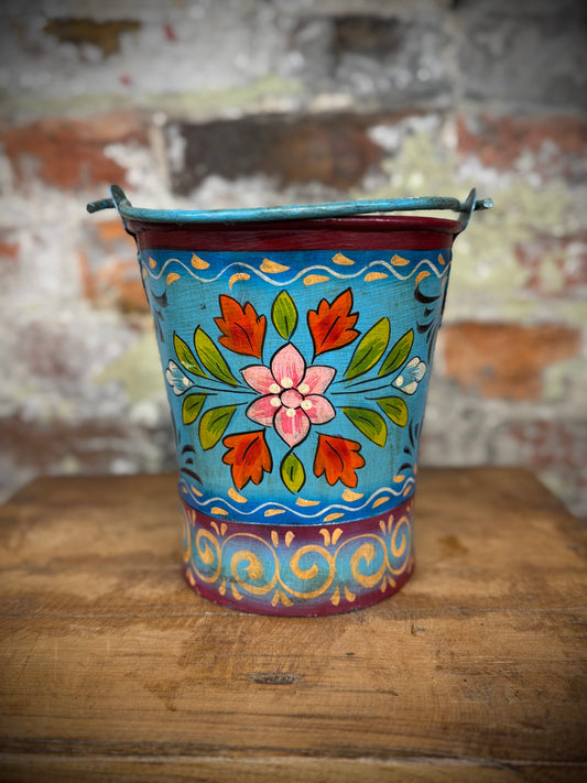 Vintage Small Hand Painted Bucket / Plant Pot / Herb Planter / Blue / Pail