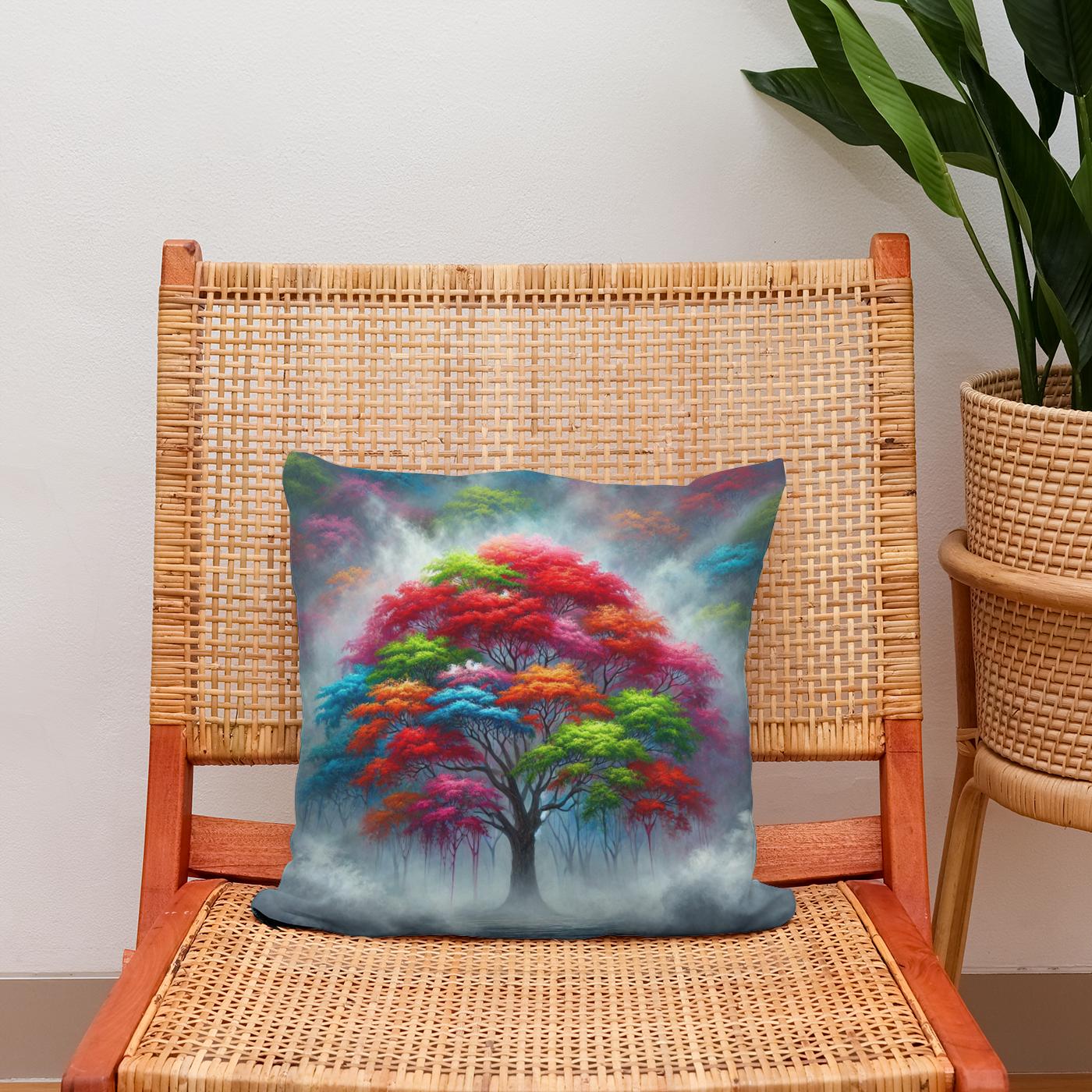 Vibrant Tree in Fog Cotton Cushion