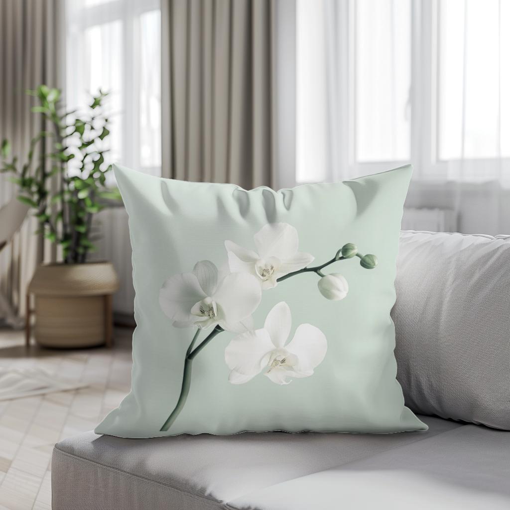 White Orchid on Mint Cotton Cushion