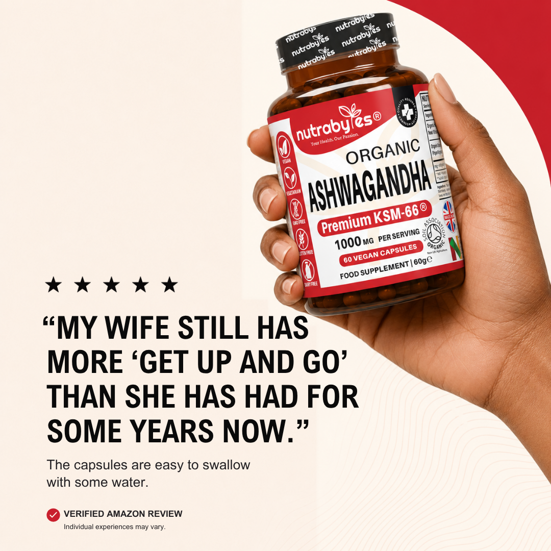 Organic Ashwagandha KSM66® 1000mg Per Serving with Organic Black Pepper, Certified Organic by Soil Association
