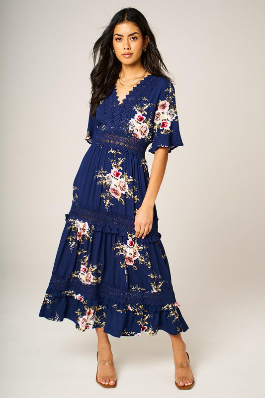 Floral Print V Neck Lace Detail Midi Dress In Navy