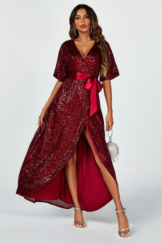 Wrap Style Sequin Maxi Dress In Wine