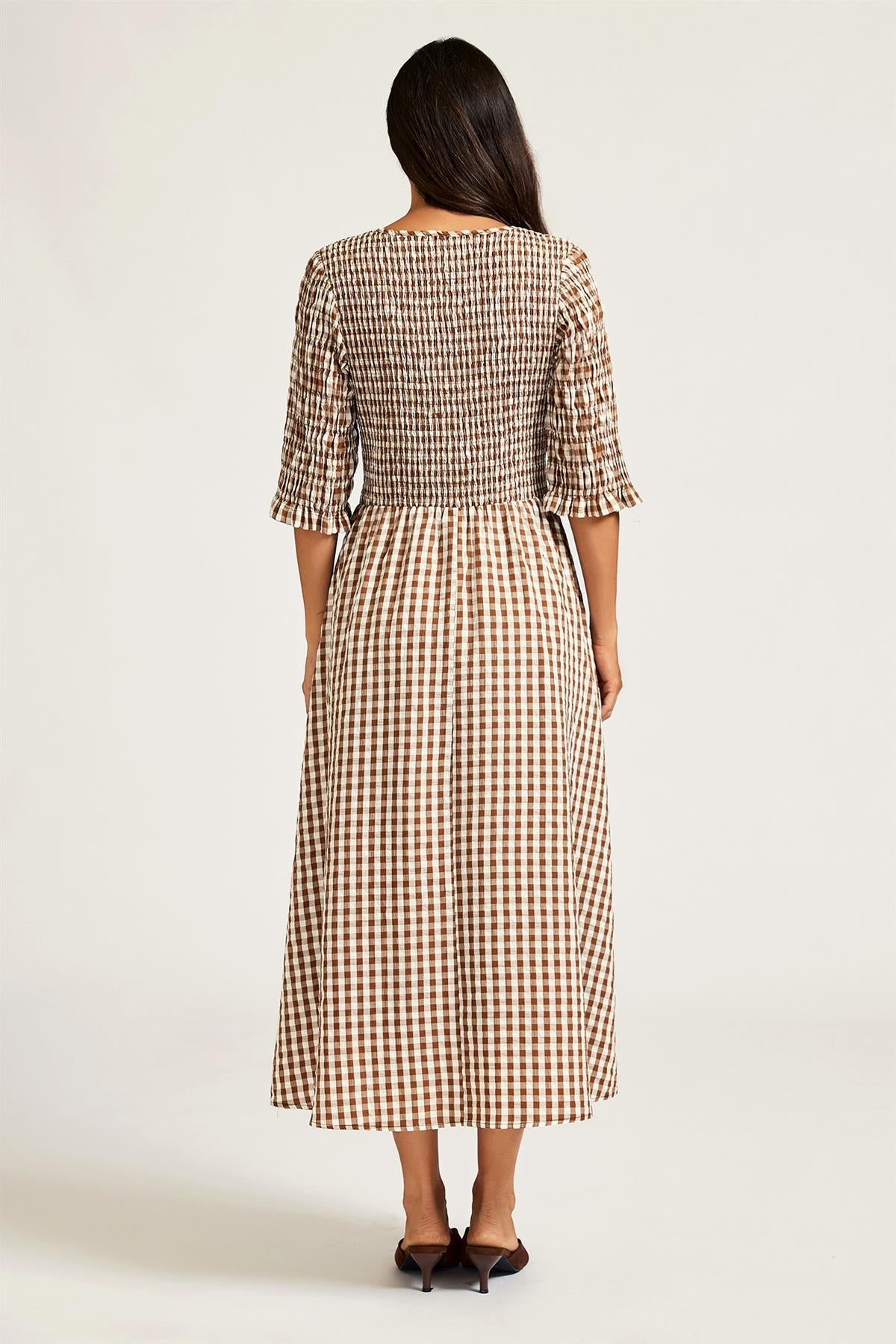 Check Print V Neck Half Sleeve Midi Dress In Brown