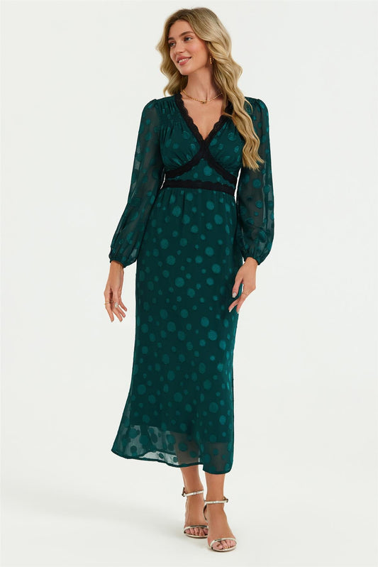 Long Sleeve Dot Jacquard Lace Trim Maxi Dress In Green