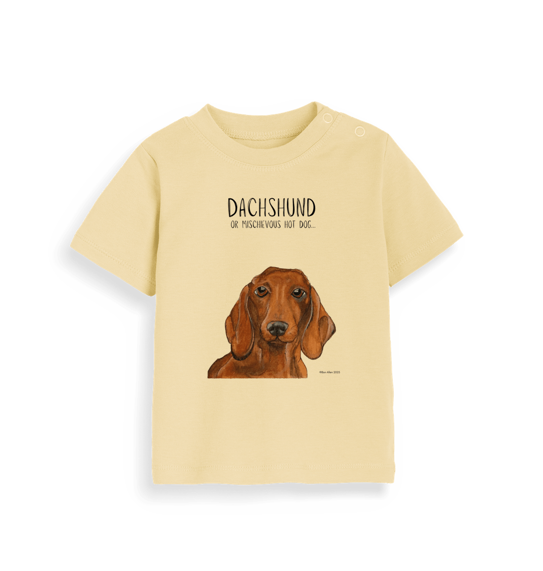 Mischievous Hot Dog Baby Tee – Small But Mighty! Red Dachshund
