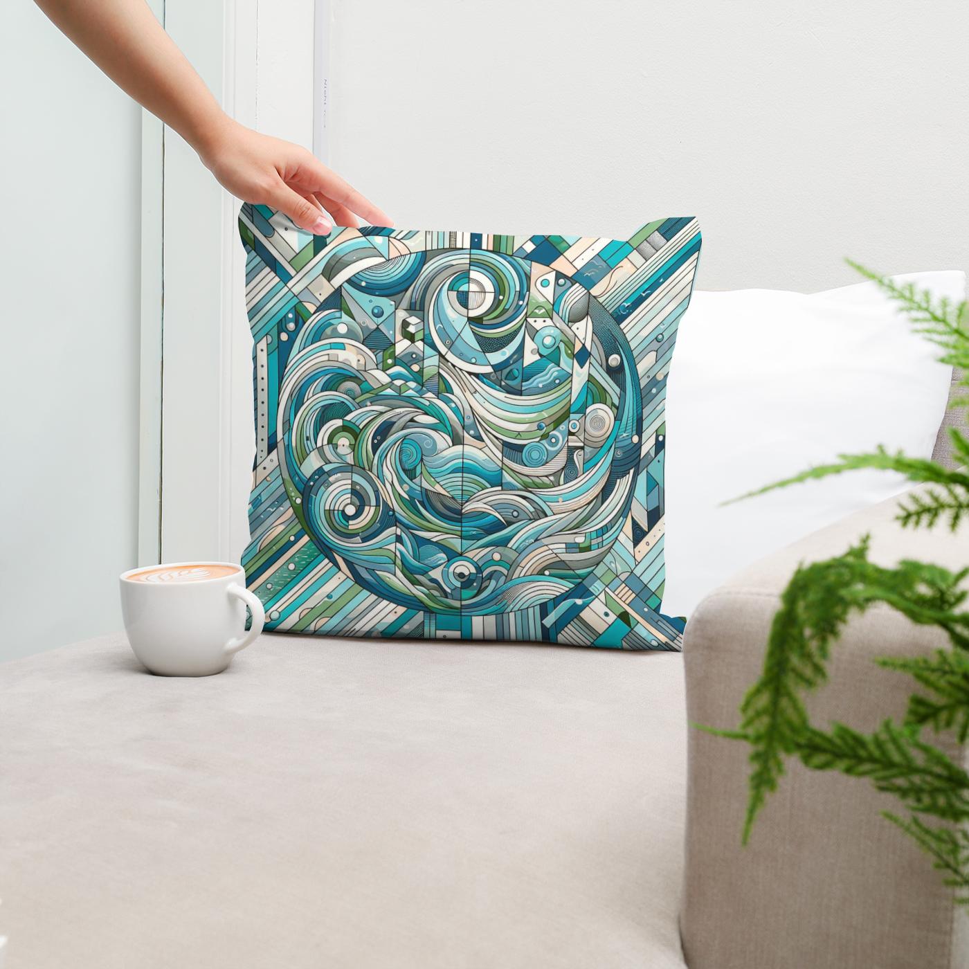 Aquatic Harmony Geometric Dance Cotton Cushion