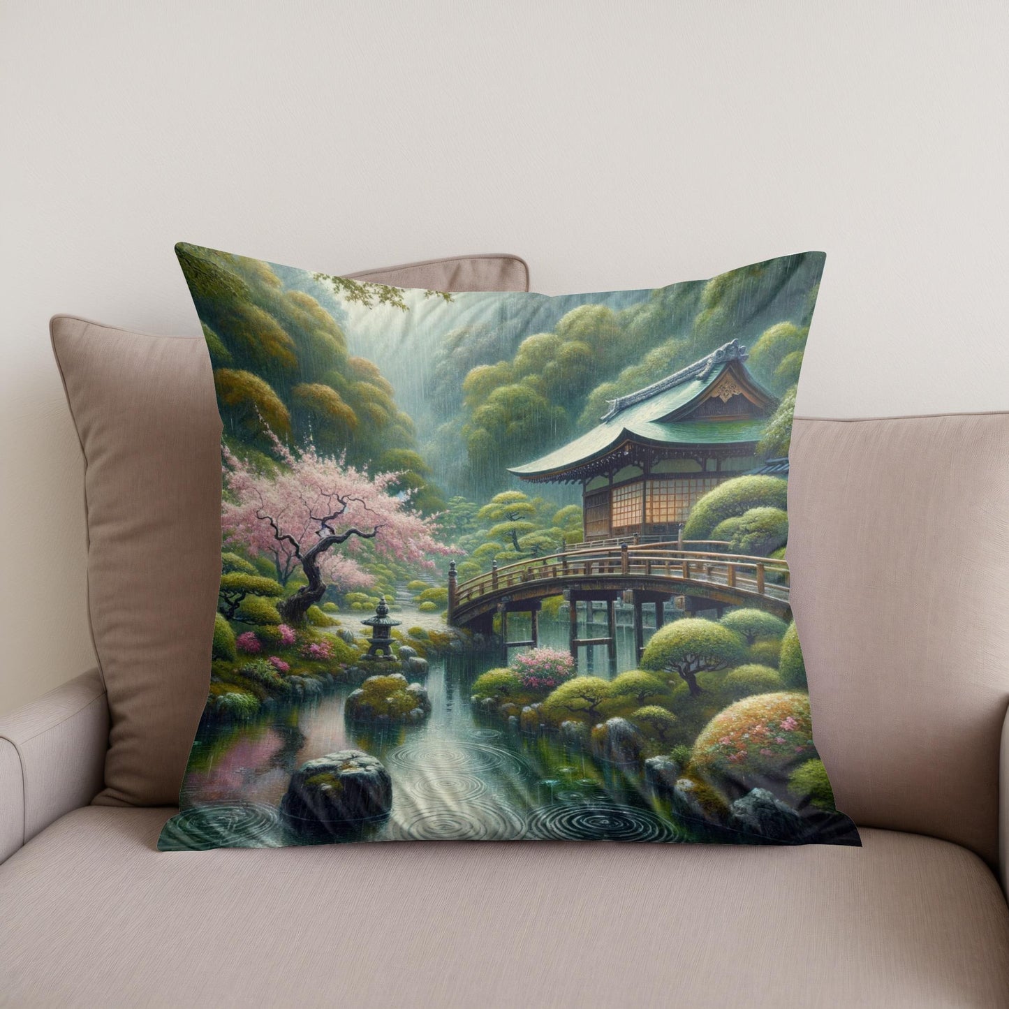 Tranquil Rain in Kyoto Cotton Cushion