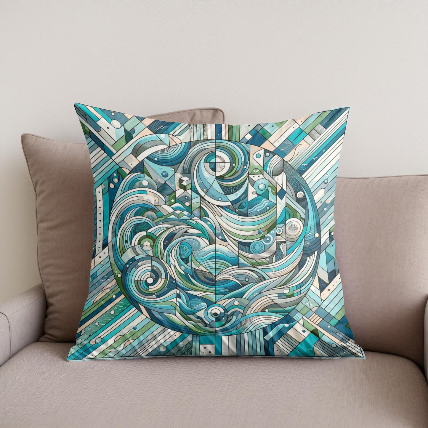 Aquatic Harmony Geometric Dance Cotton Cushion