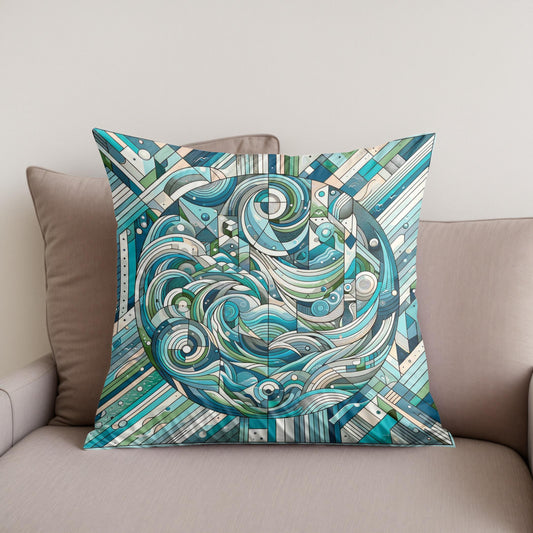 Aquatic Harmony Geometric Dance Cotton Cushion