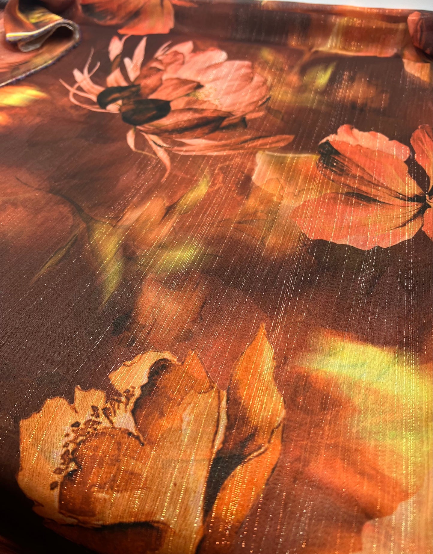 Brown Floral Gold Lurex Stripe Printed Chiffon Dress Fabric