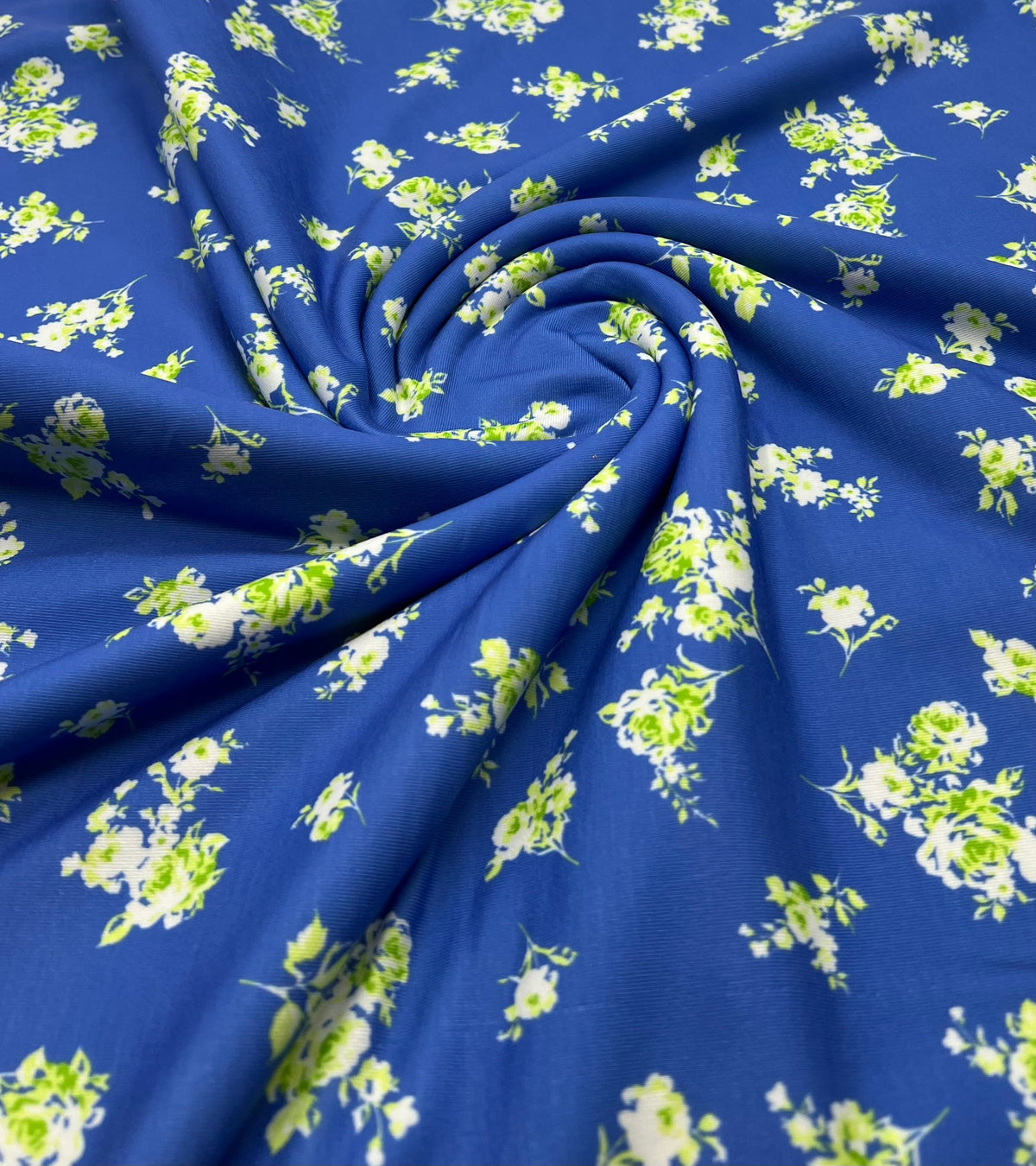 Blue Green Flower Floral Mix Print Spun Poly Stretch Fabric