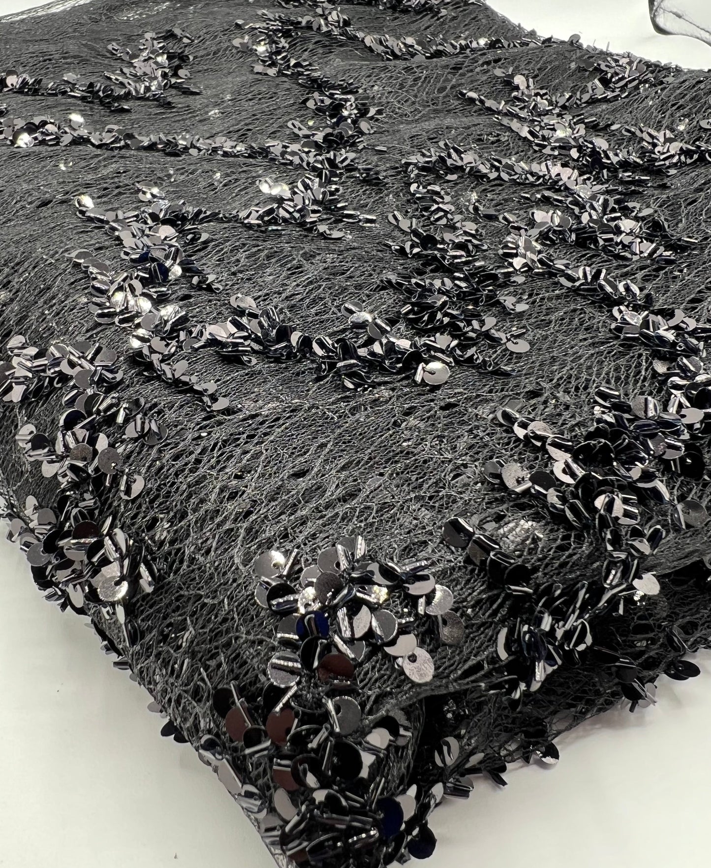 Black Sequin Detail Textured Mesh Stretch Fabric