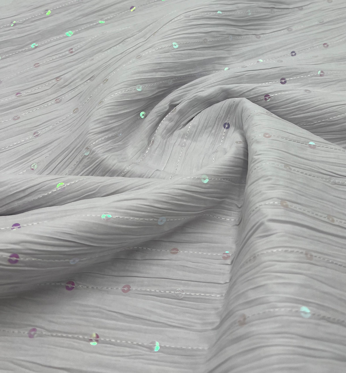 White Sequin Crinkled Lightweight Non Stretch Fabric