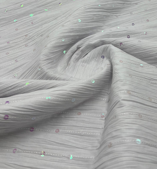 White Sequin Crinkled Lightweight Non Stretch Fabric