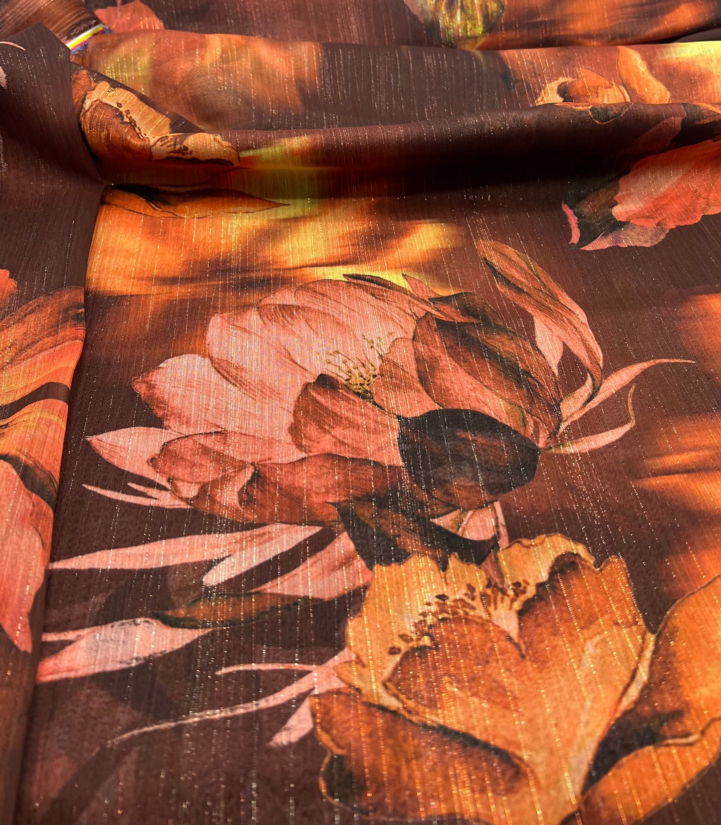 Brown Floral Gold Lurex Stripe Printed Chiffon Dress Fabric