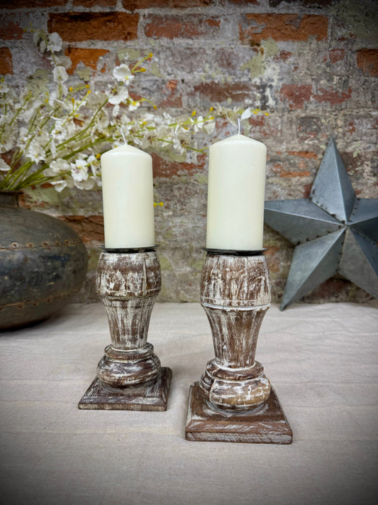 Pair Of Rustic Wooden Candle Holders / Large Church Candle Candlesticks /B