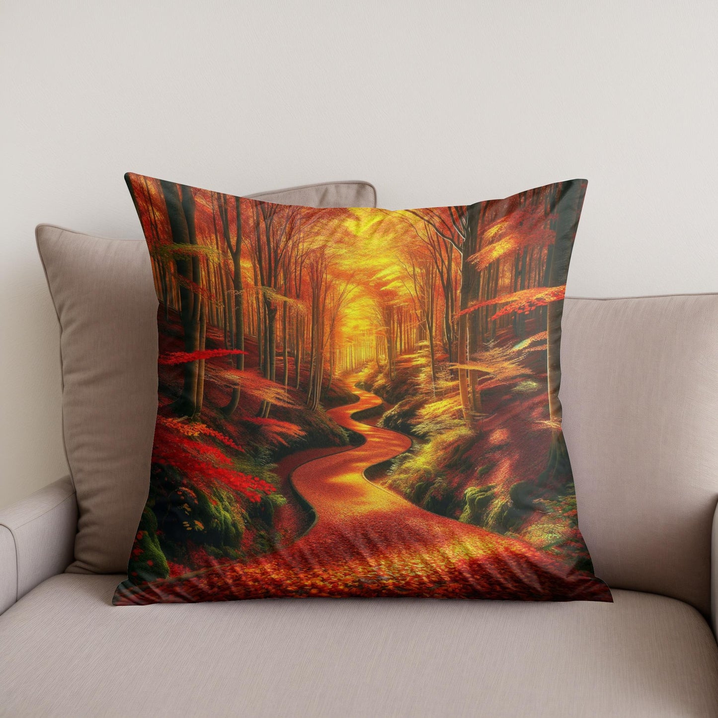Autumn Forest Pathway Cotton Cushion