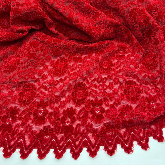 Red Embossed Textured Scalloped Edge Floral Lace Fabric Stretch