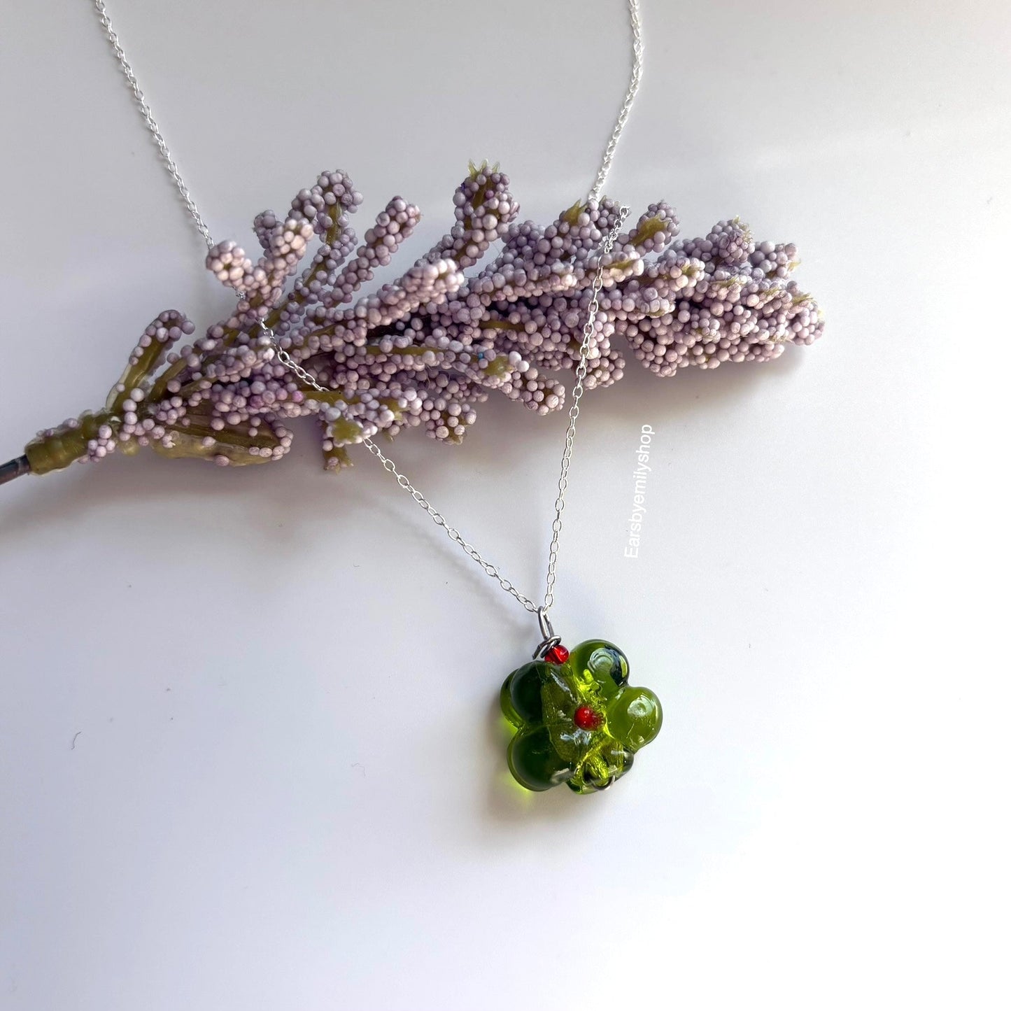 Cool green glass flower necklace on sterling silver chain