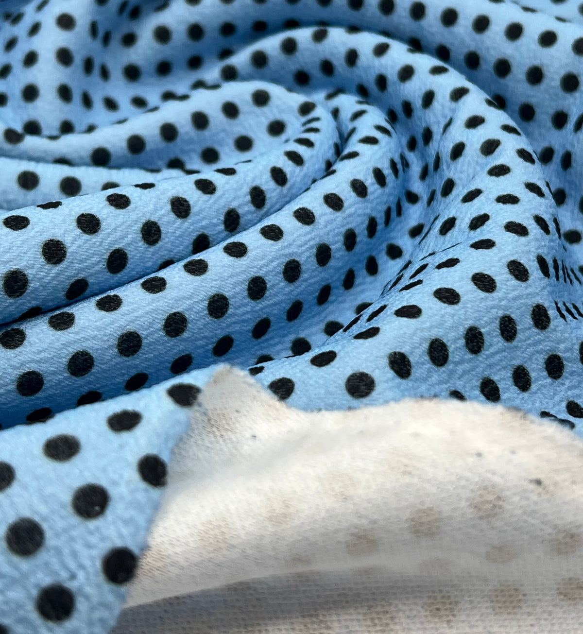 Baby Blue Black Polka Print Liverpool Bullet Stretch Fabric