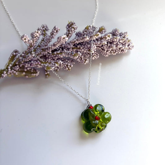 Cool green glass flower necklace on sterling silver chain