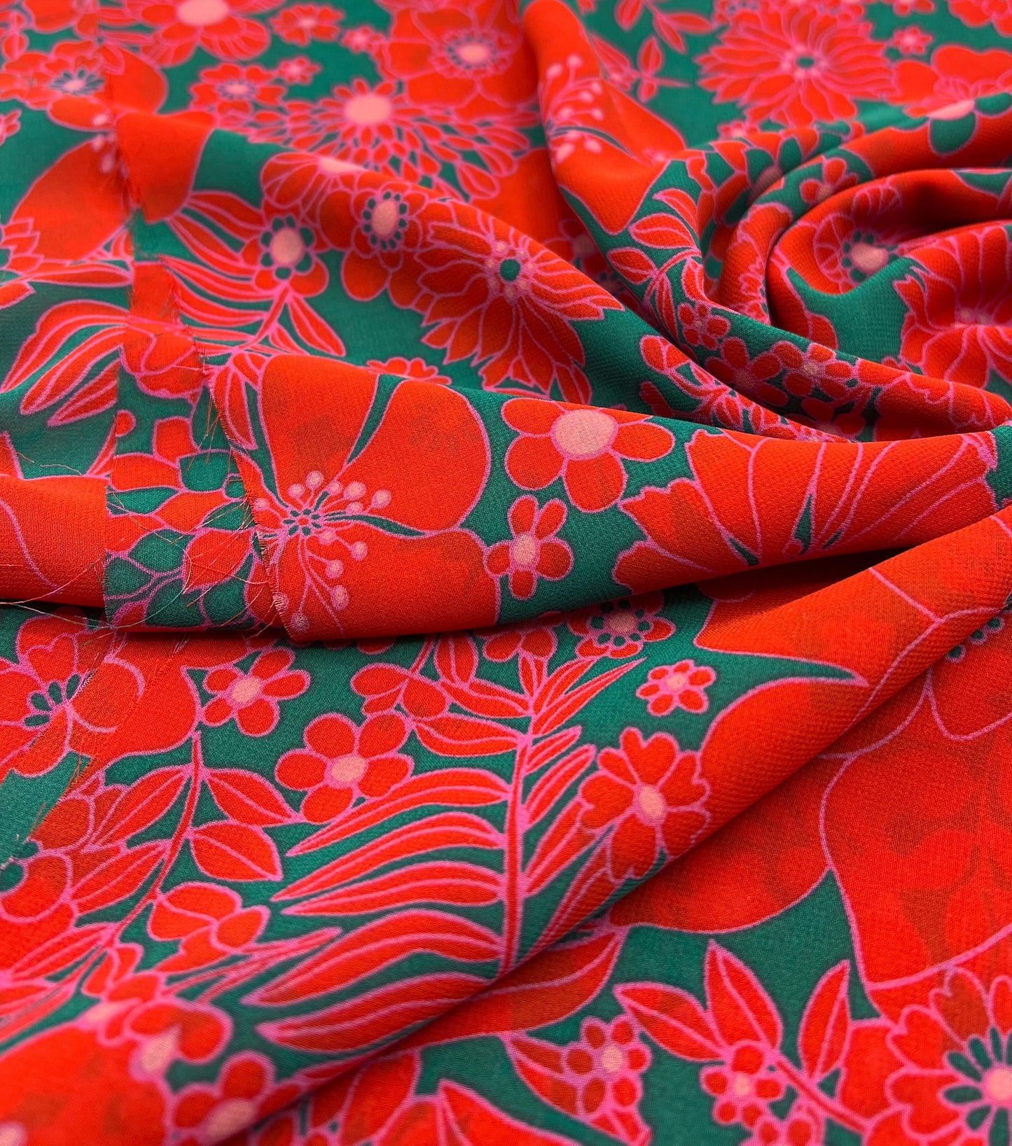 Red Green Floral Lightweight Crepe Fabric 110GSM Non Stretch