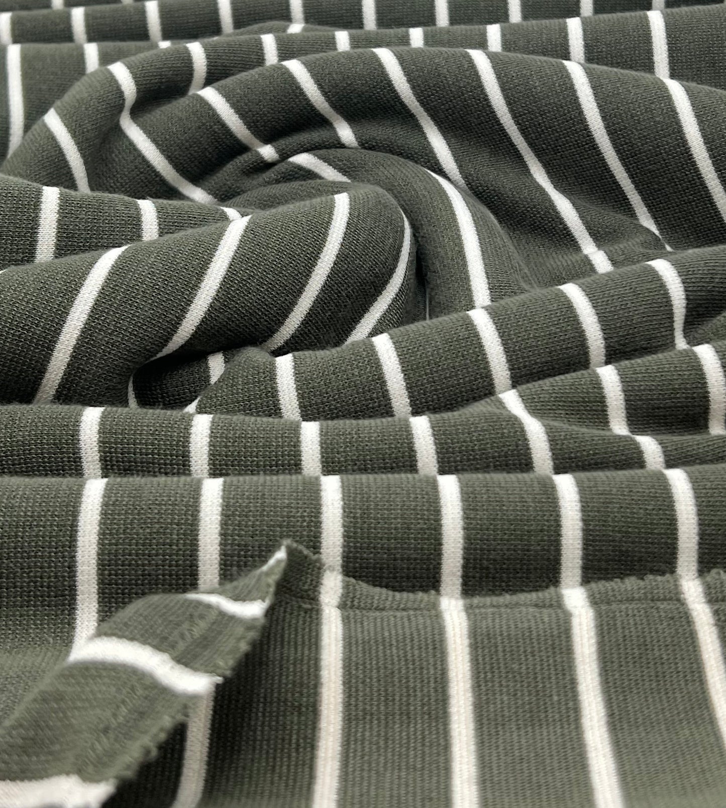 Khaki Green Knitted Horizontal Stripe 2 Way Stretch Fabric