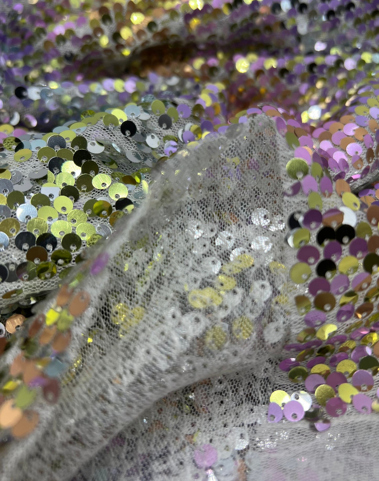 Lilac Gold Sequin Detail Textured Mesh Stretch Fabric