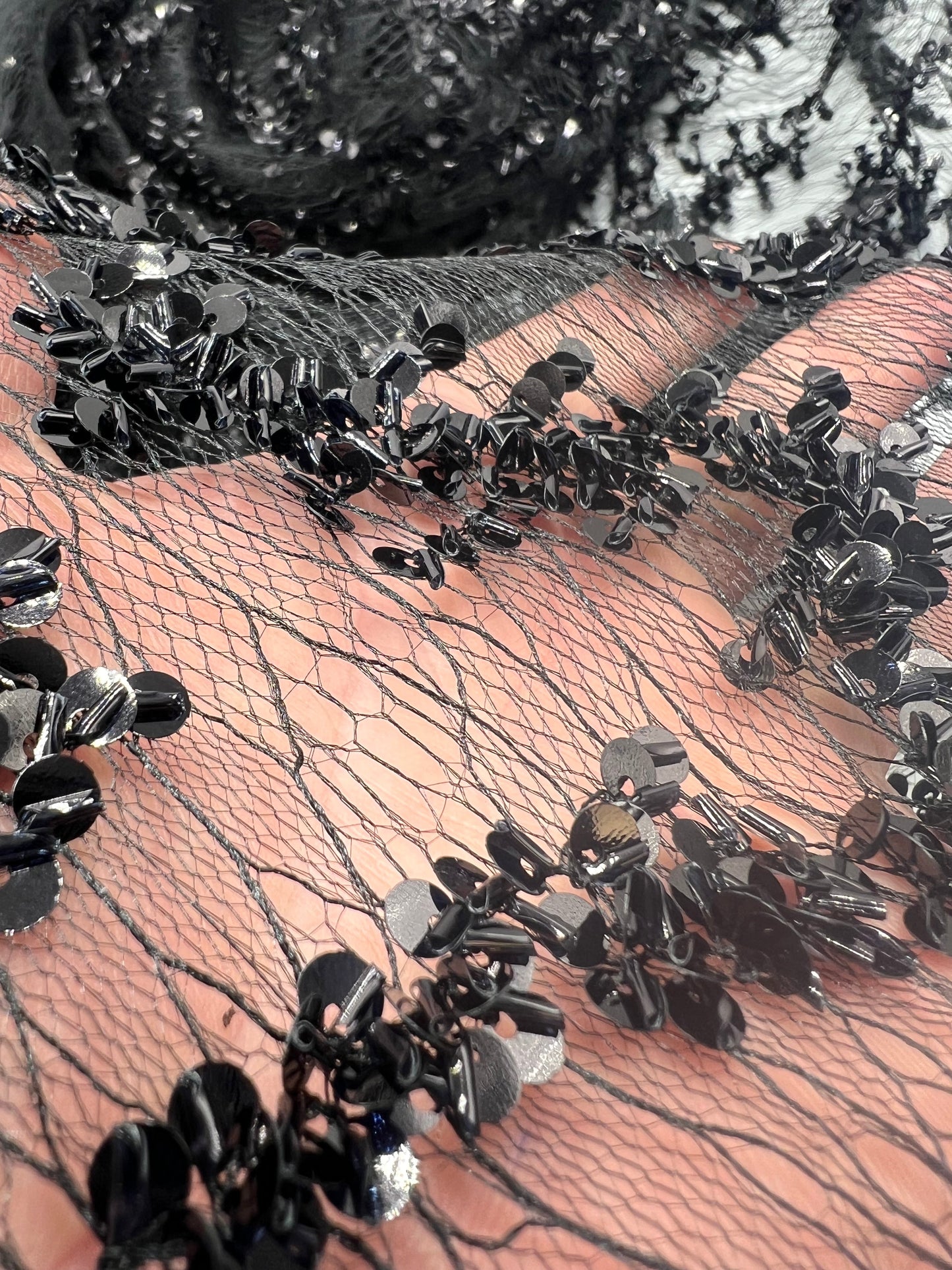 Black Sequin Detail Tulle Net Mesh Fabric Stretch