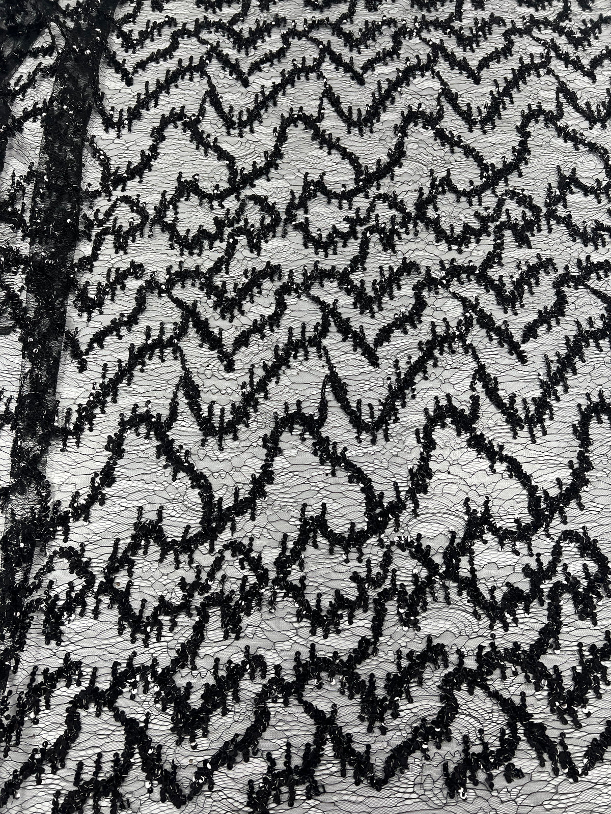 Black Sequin Detail Textured Mesh Stretch Fabric