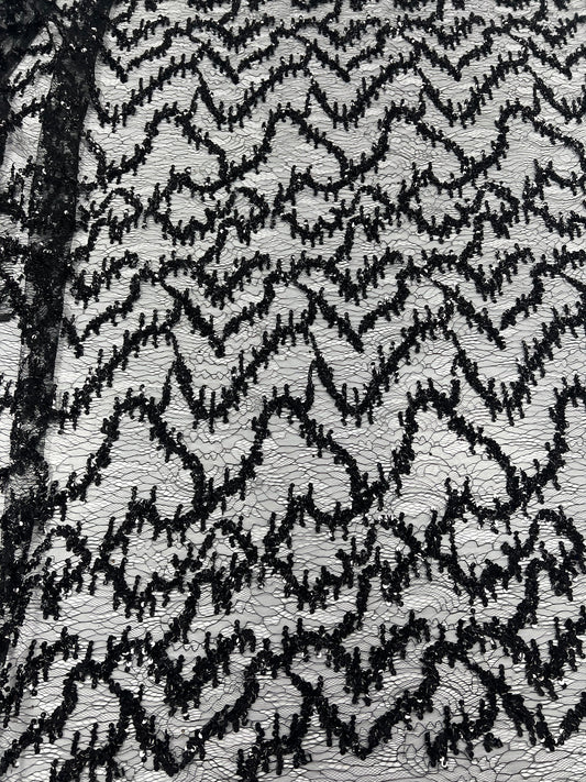 Black Sequin Detail Textured Mesh Stretch Fabric