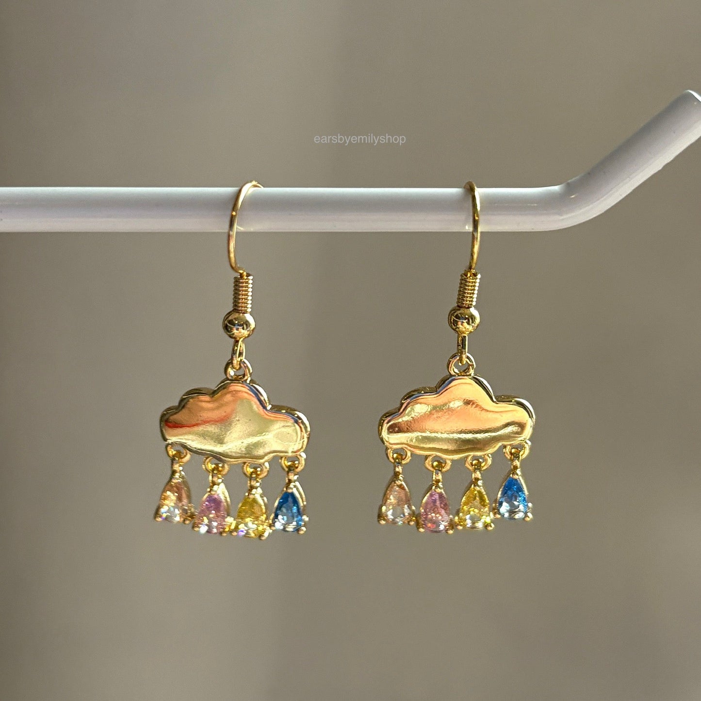 Gold plated rainbow tear drop storm cloud drop dangle handmade earrings