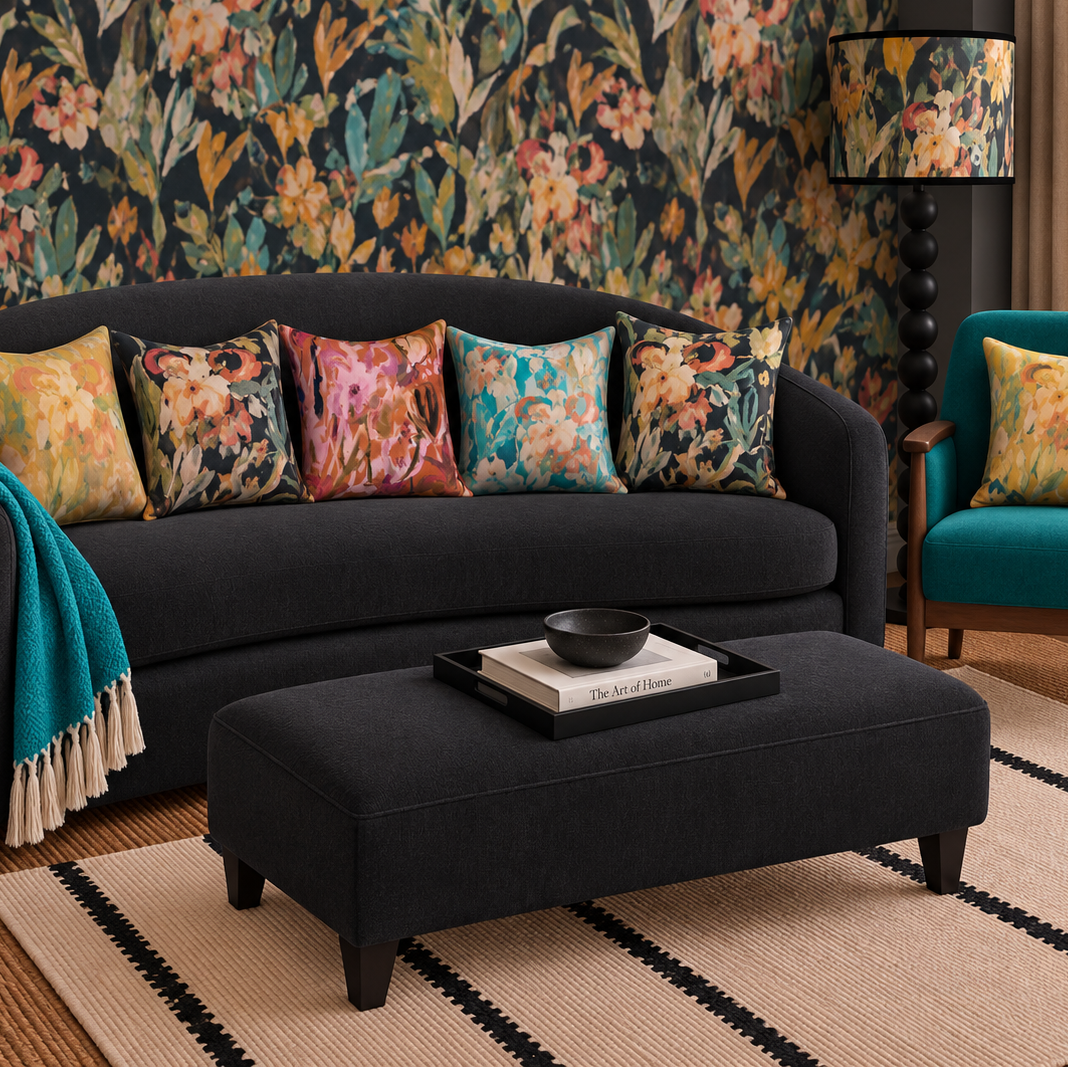 Watercolour Floral Velvet Cushion - Off black