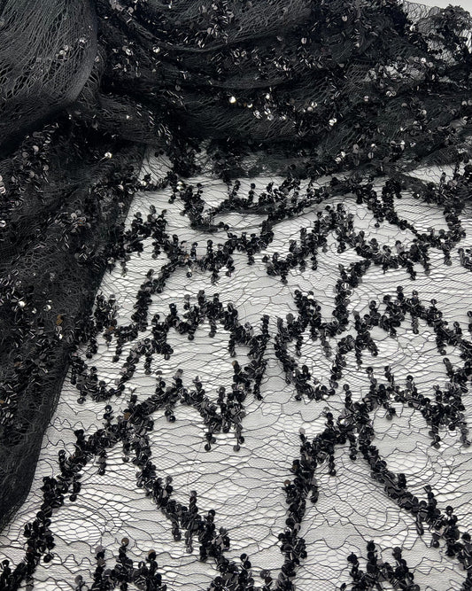 Black Sequin Detail Tulle Net Mesh Fabric Stretch