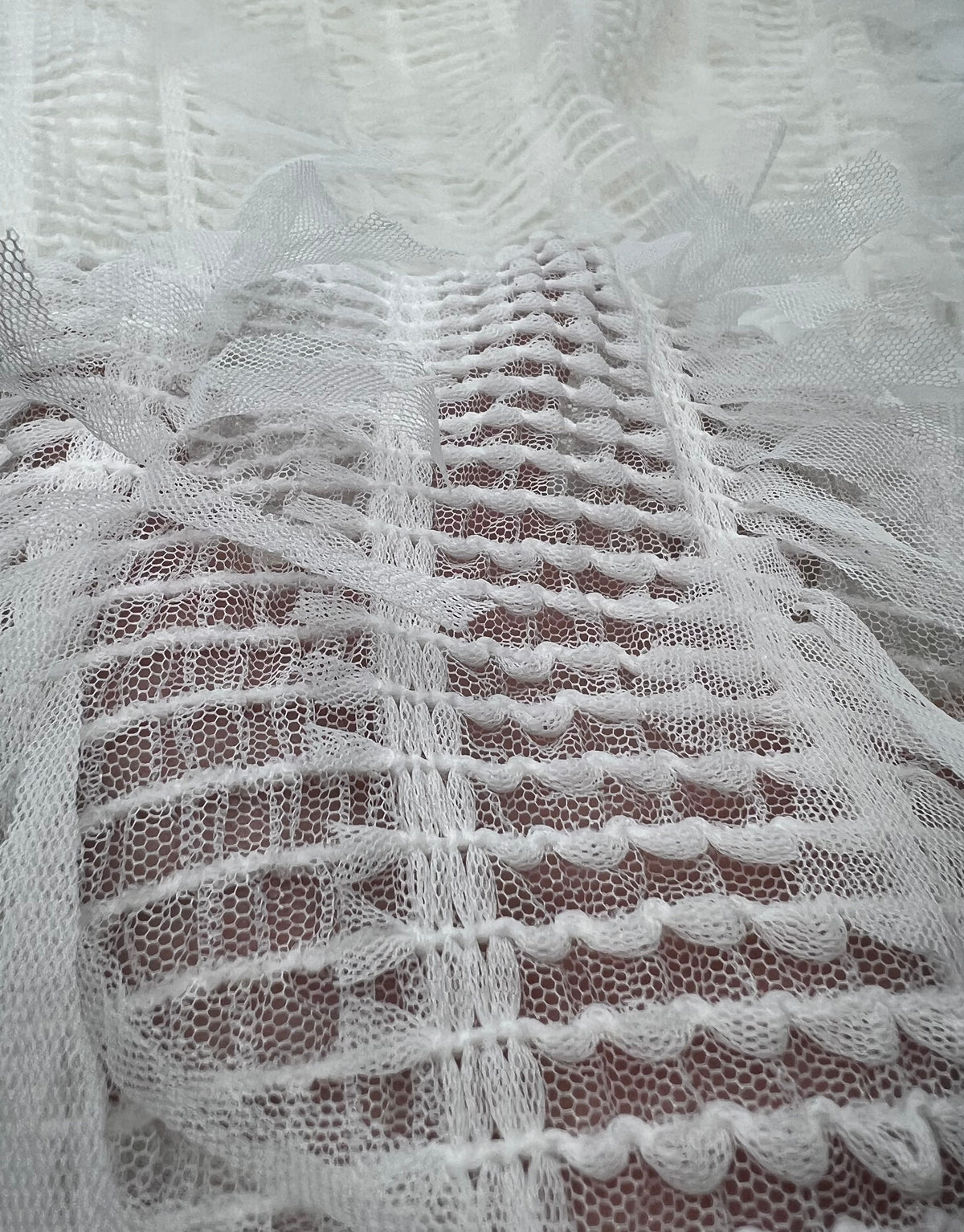 White Textured Mesh Tassel Fabric 2 Way Stretch