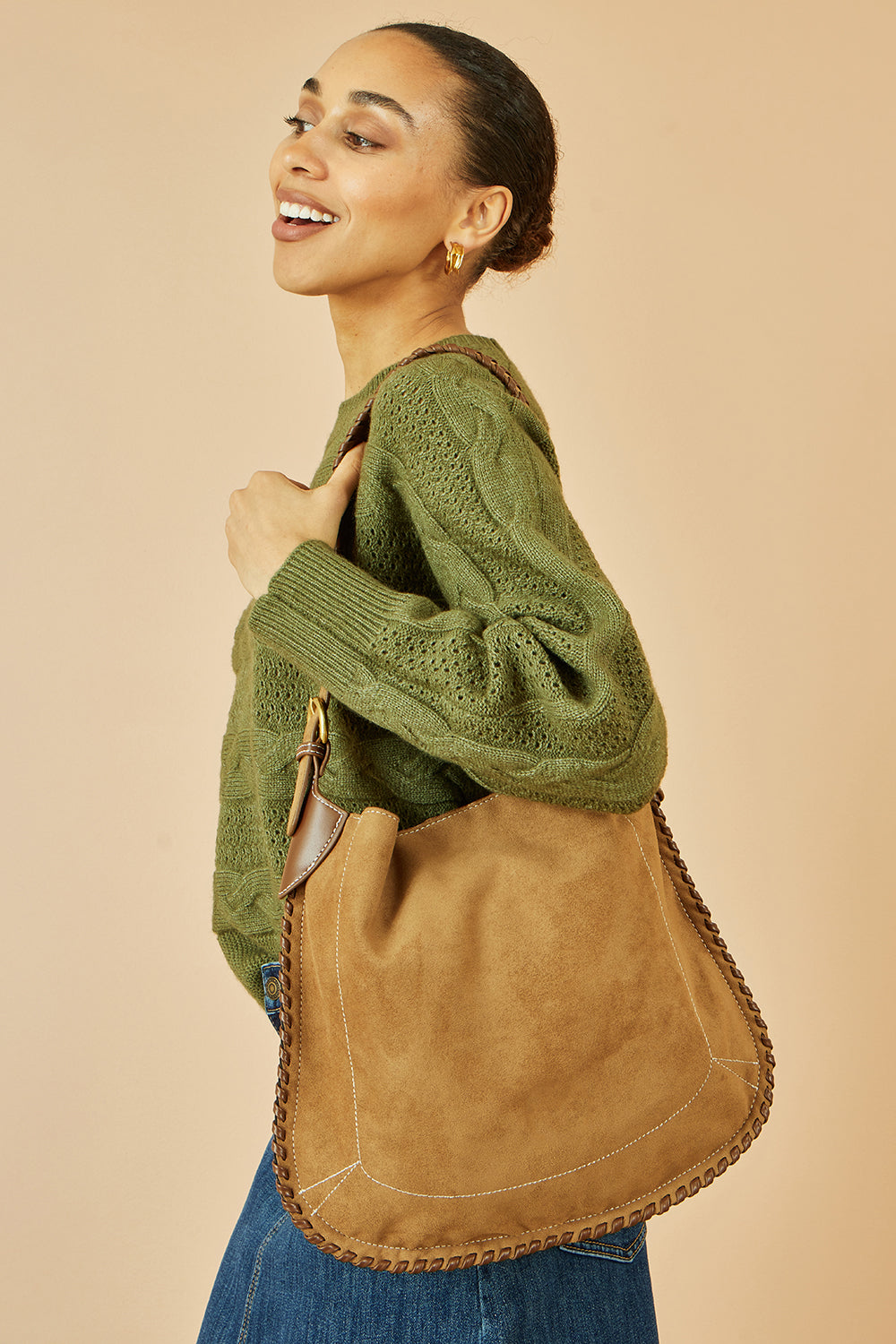 Yumi Tan Faux Suede Stitching Detail Bag