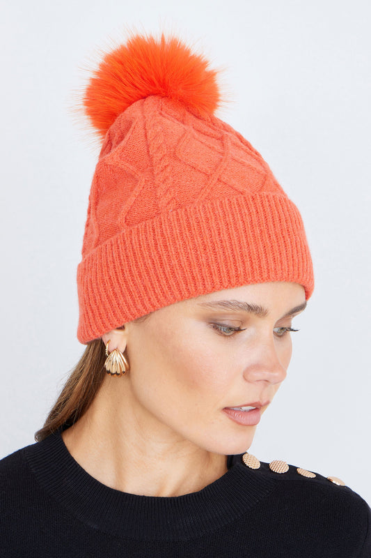 Yumi Orange Cable Knit Bobble Hat