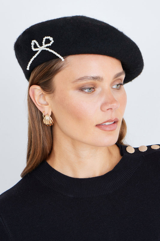 Yumi Black Pearl Bow Beret