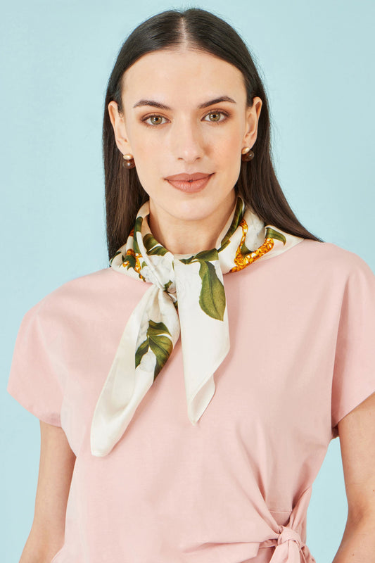 Yumi Ivory100% Silk Botanical Rose Print Scarf