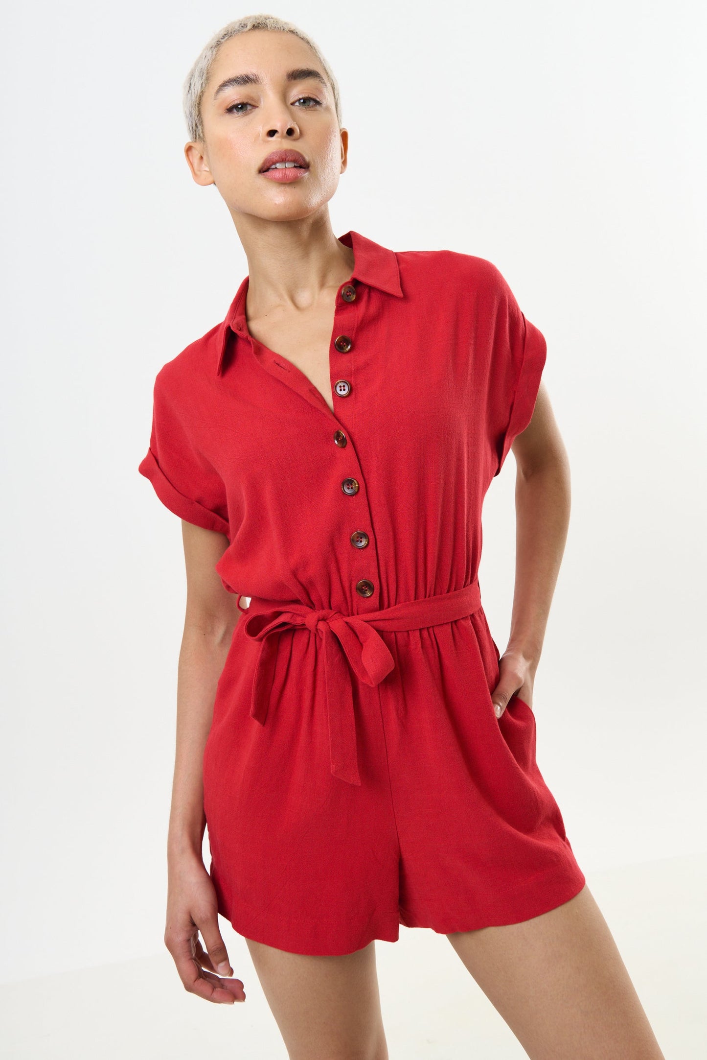 Addie Linen Mix Red Playsuit