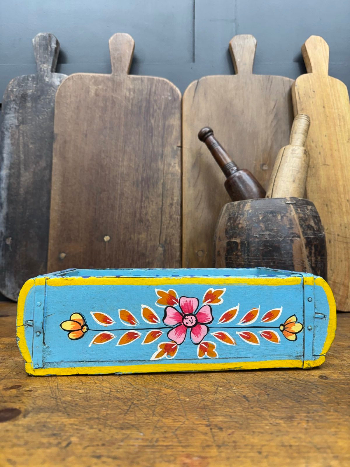 Blue Wooden Painted Brick Mould / Decorative Herb Planter / Storage Box Tray A