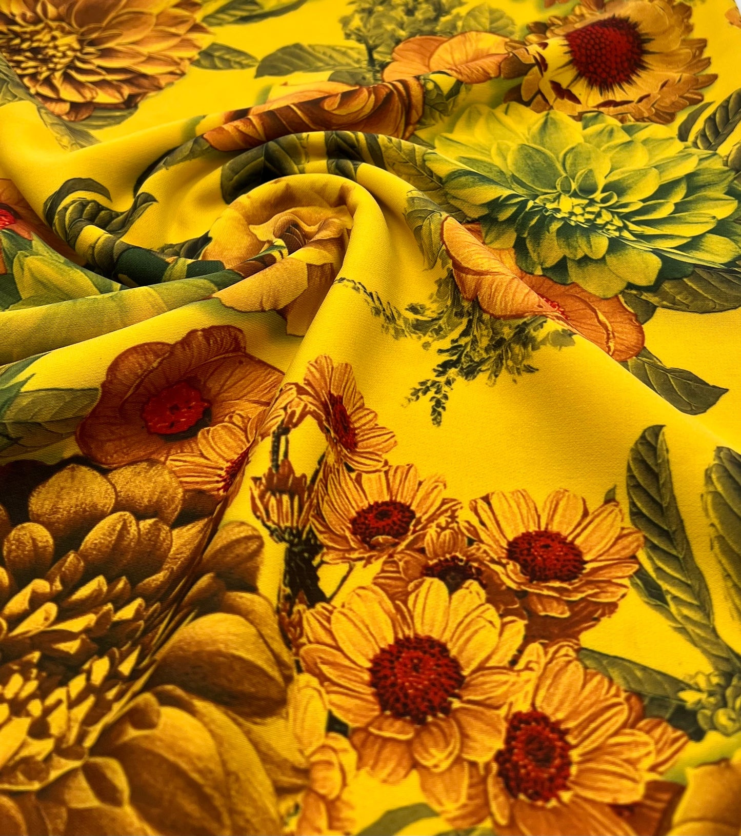 Mustard Floral Lightweight Crepe Fabric 150GSM Non Stretch