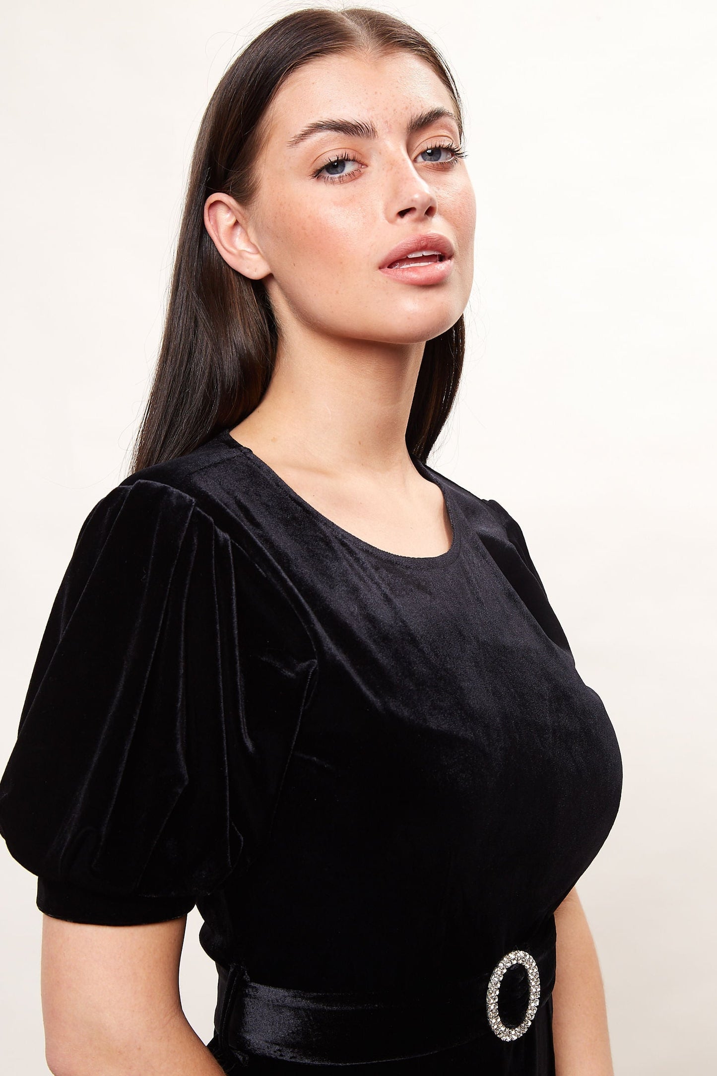 Louche Alya Velvet Diamante Buckle Mini Dress - Black